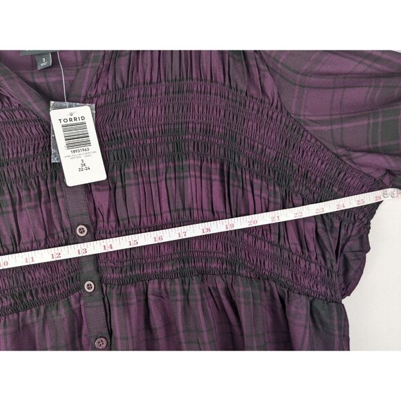 NEW Torrid Tunic Size 3 Purple/Black Plaid Rayon Twill Smocked Button-Front Top - Picture 5 of 9